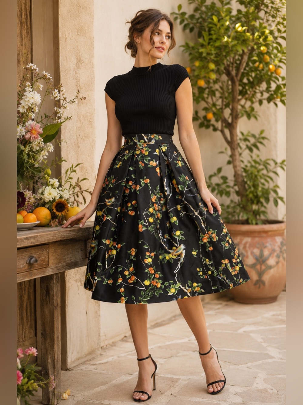 Elegant Black Midi Skirt with Orange Floral Print